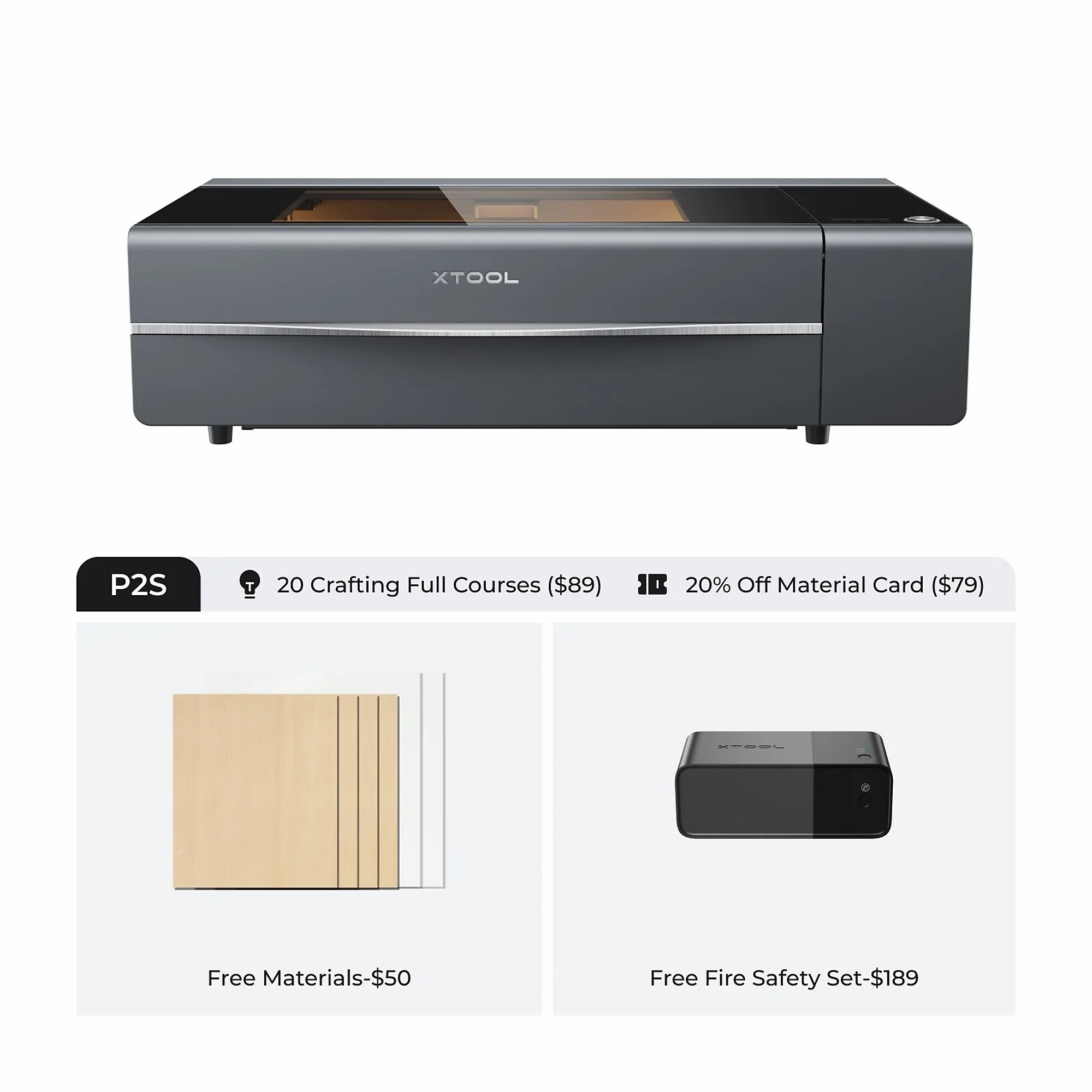 xTool, Laser Cutter and Engraver, Working Width 29.13 in, Working Length 44.09 in, Laser Power 55 W, Model# xTool P2S with Fire Safety Set